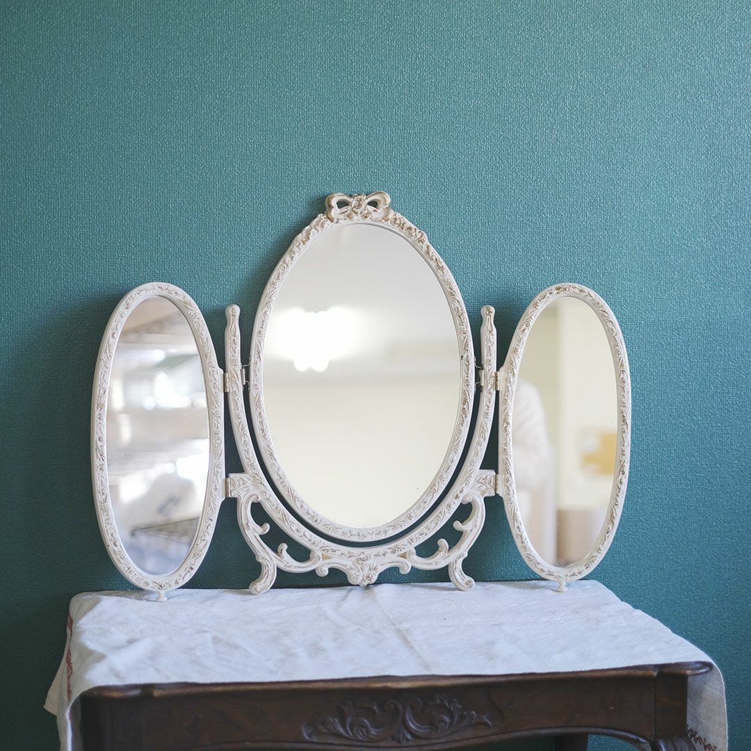 ヴィンテージ トリフォールドミラー ローズ イギリス ロココ様式リバイバルの鏡 三面鏡2