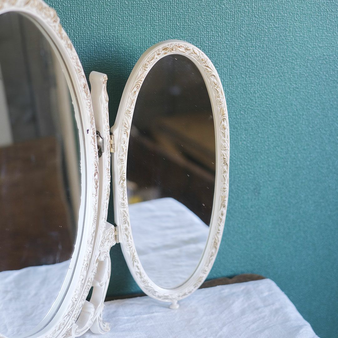 ヴィンテージ トリフォールドミラー ローズ イギリス ロココ様式リバイバルの鏡 三面鏡5