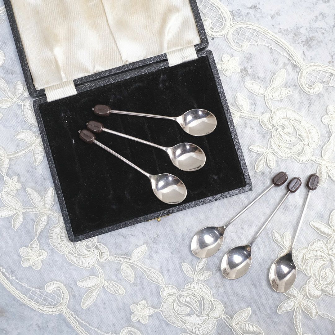 アンティークコーヒービーンズスプーン 6本セット イギリス 可愛い珈琲豆が装飾