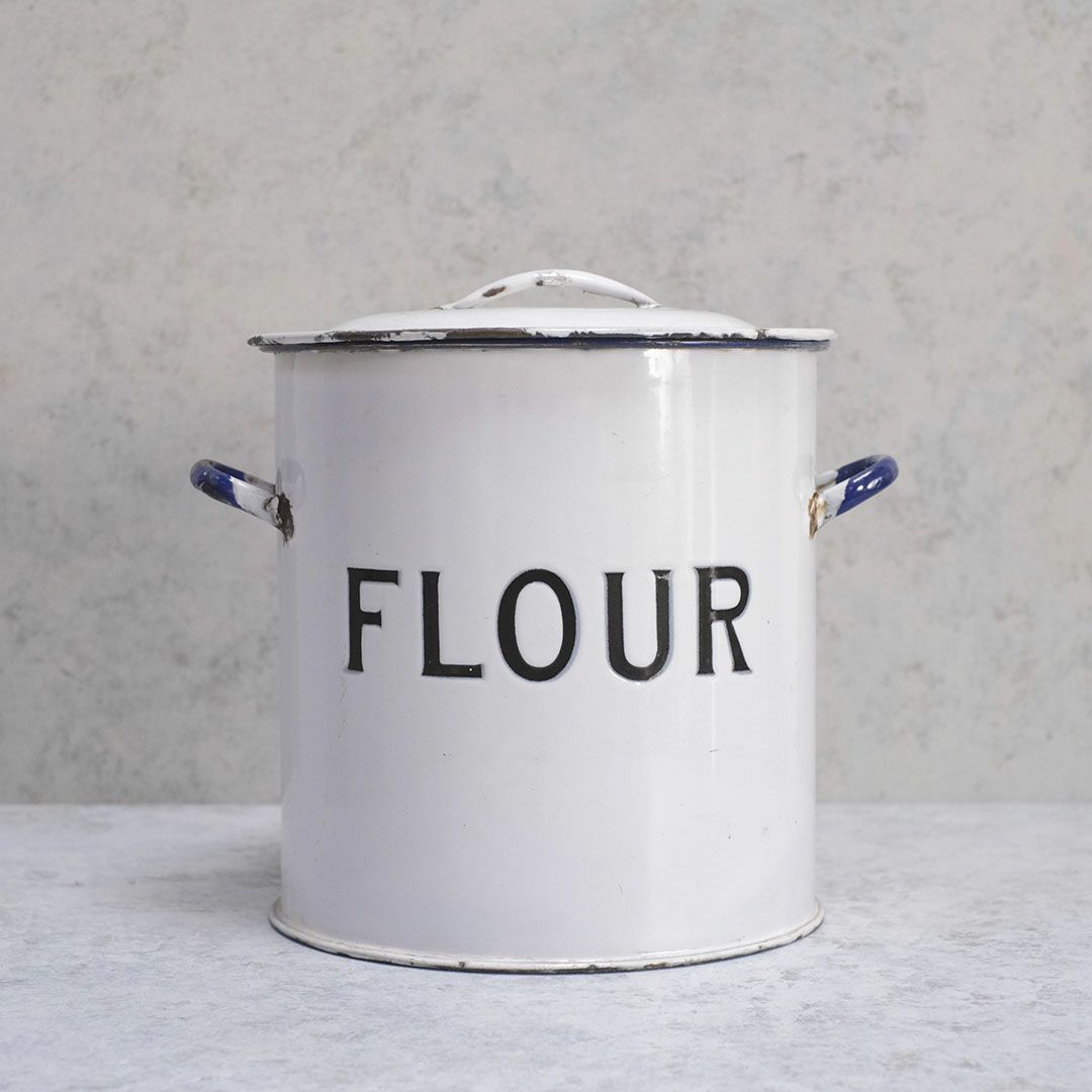 アンティーク ホーローFLOUR缶 イギリス 小麦粉保存容器 白い琺瑯ストッカー