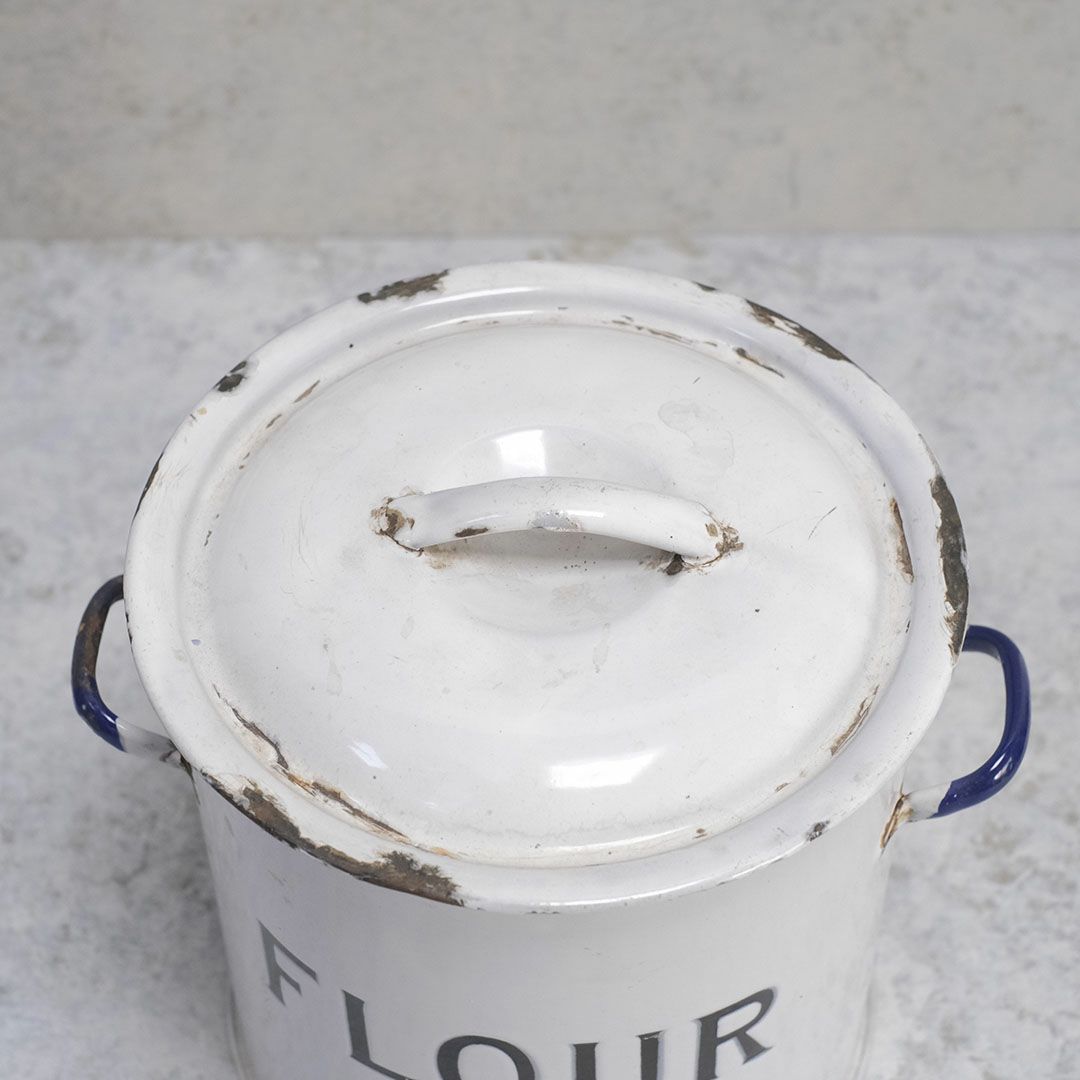 アンティーク ホーローFLOUR缶 イギリス 小麦粉保存容器 白い琺瑯ストッカー