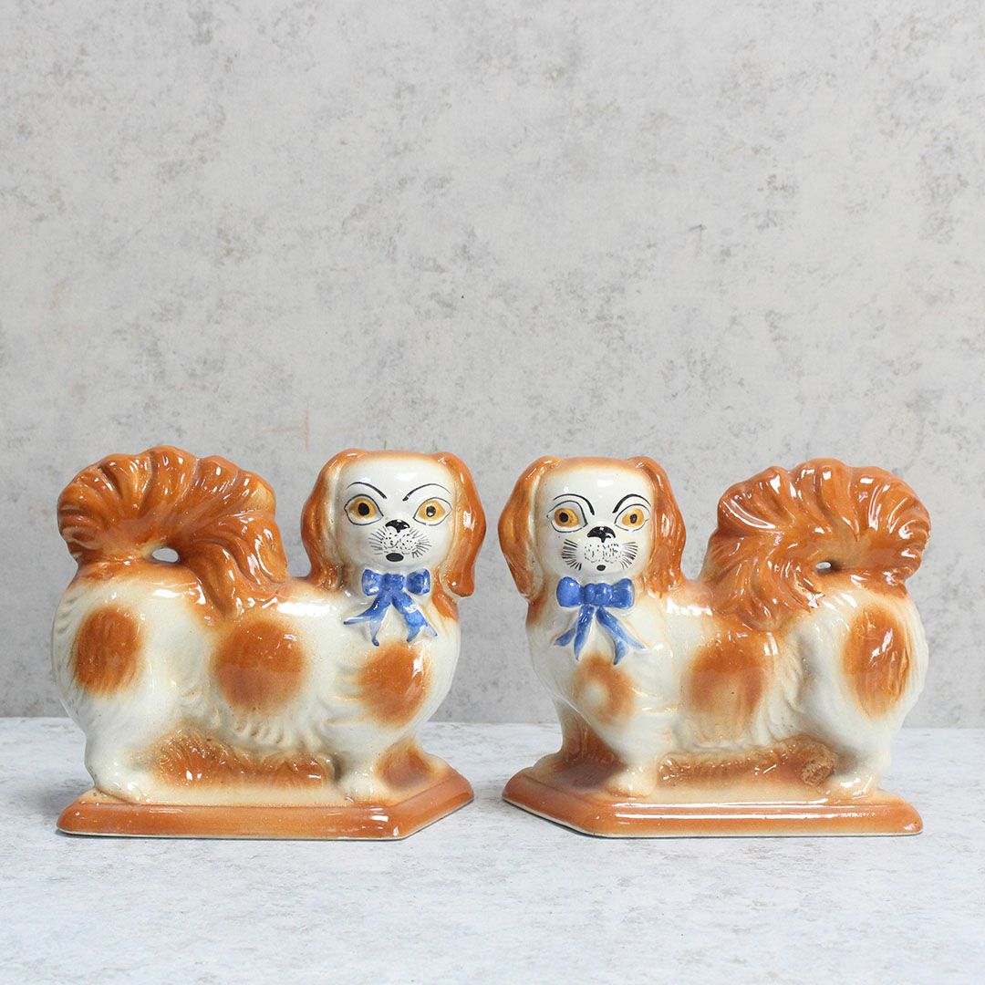 アンティークスタッフォードシャードッグの置物 ブルーリボン イギリス ペキニーズ犬 陶器