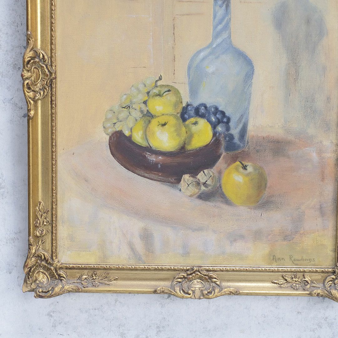 ヴィンテージオイルピクチャー 果物とデキャンタ イギリス 古い油絵5