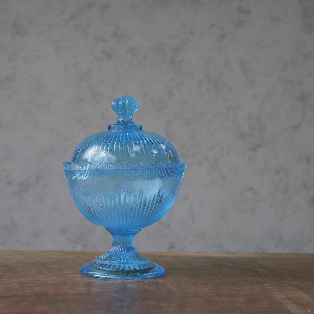 アンティークキャンディボウル 青いガラスの小物入れ フランス ボンボニエール