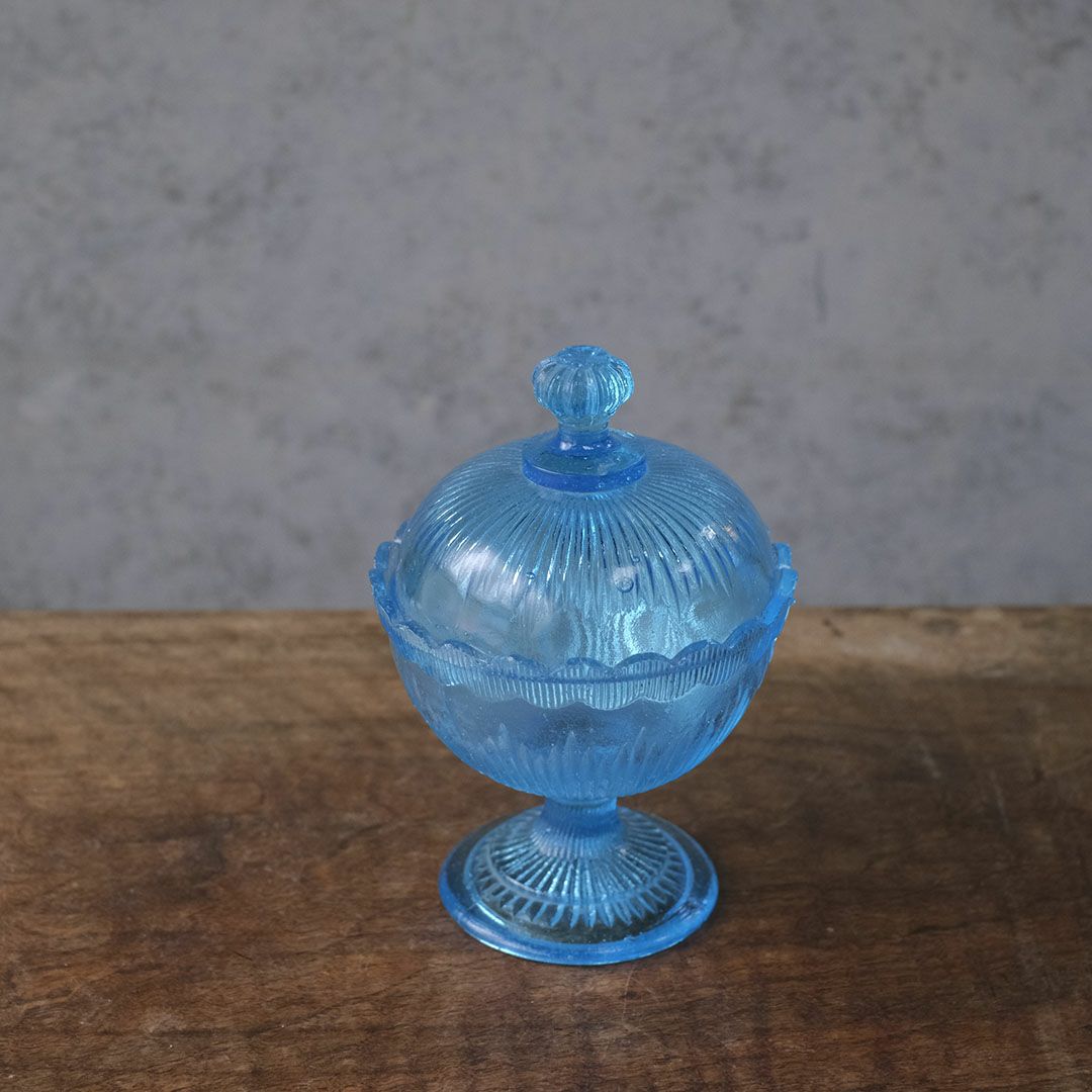 アンティークキャンディボウル 青いガラスの小物入れ フランス ボンボニエール