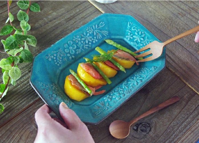 益子焼 kukka(クッカ) 八角皿 中 22cm ターコイズブルー色 わかさま陶芸 若林健吾1