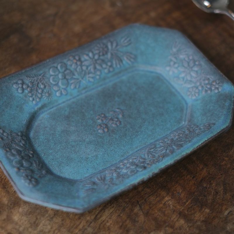 益子焼 kukka(クッカ) 八角皿 中 22cm ターコイズブルー色 わかさま