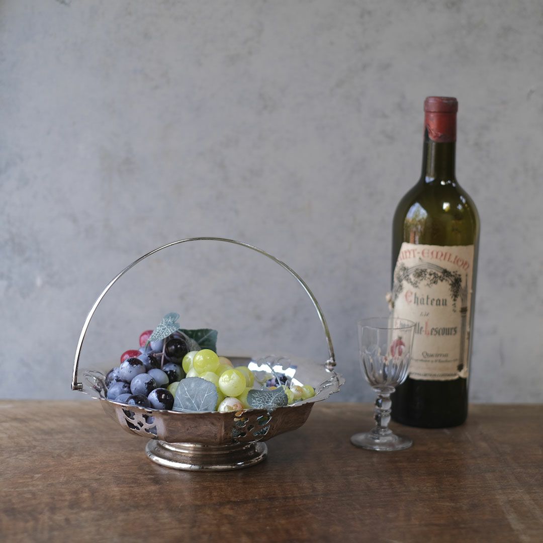 アンティーク シルバープレートハンドルバスケット 花 イギリス 折り畳み式ハンドル1