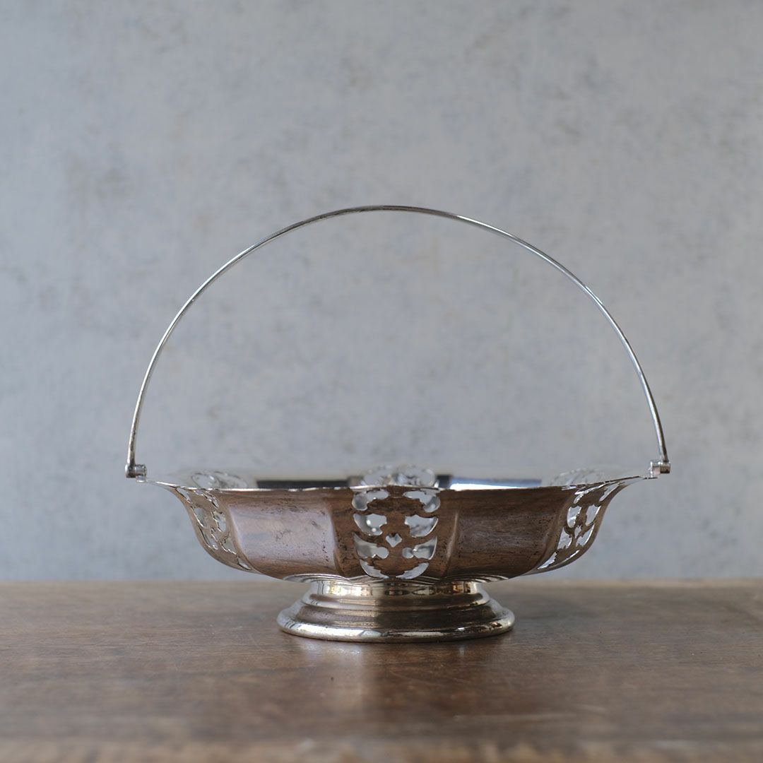 アンティーク シルバープレートハンドルバスケット 花 イギリス 折り畳み式ハンドル3