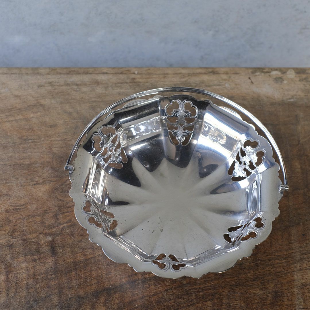 アンティーク シルバープレートハンドルバスケット 花 イギリス 折り畳み式ハンドル5