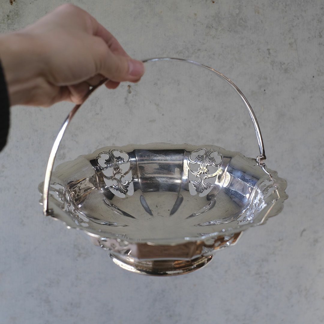 アンティーク シルバープレートハンドルバスケット 花 イギリス 折り畳み式ハンドル7