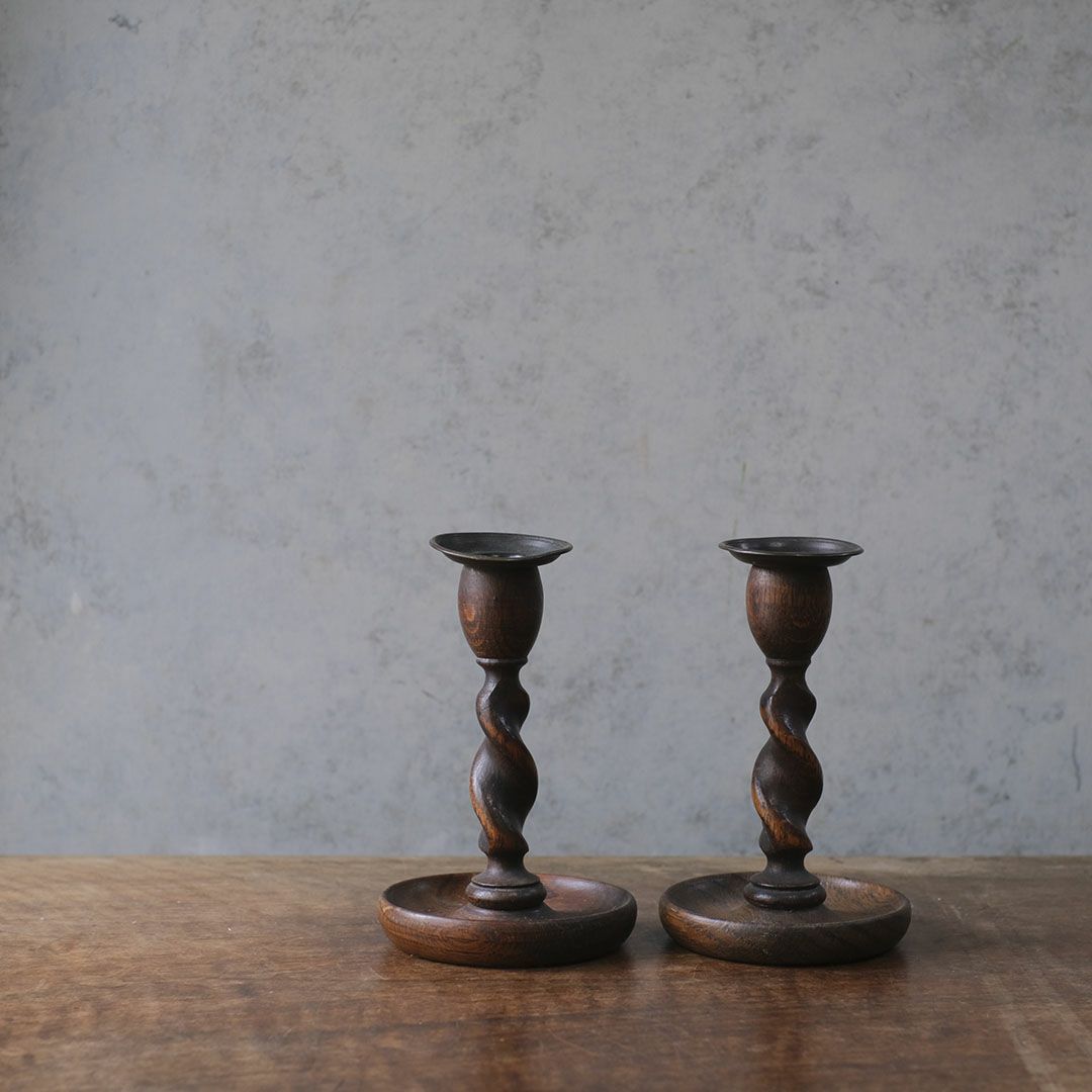 アンティークキャンドルスタンド 燭台ペア 木製 イギリス