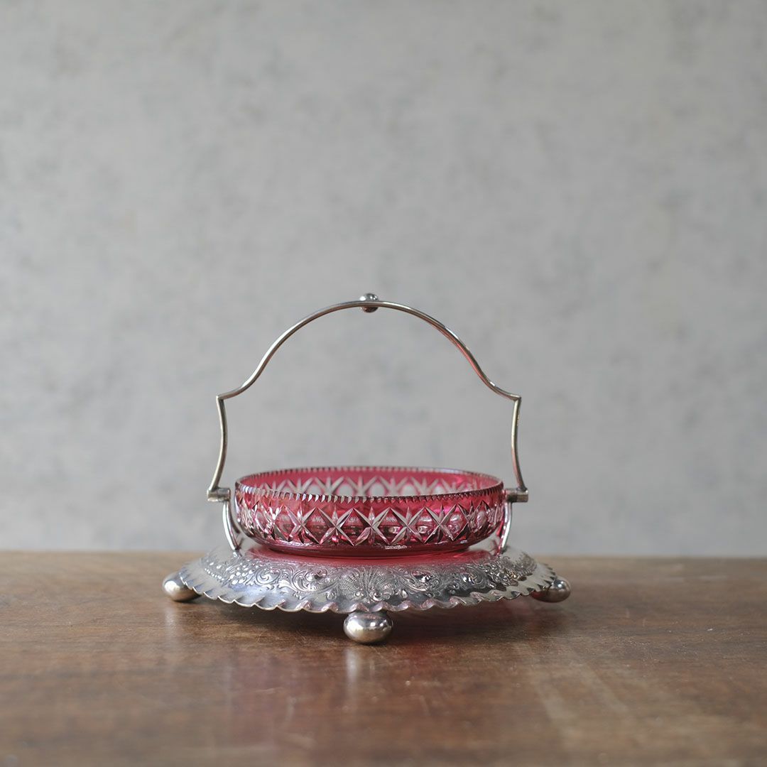 アンティークジャムディッシュ イギリス クランベリー 綺麗な赤いガラス器1