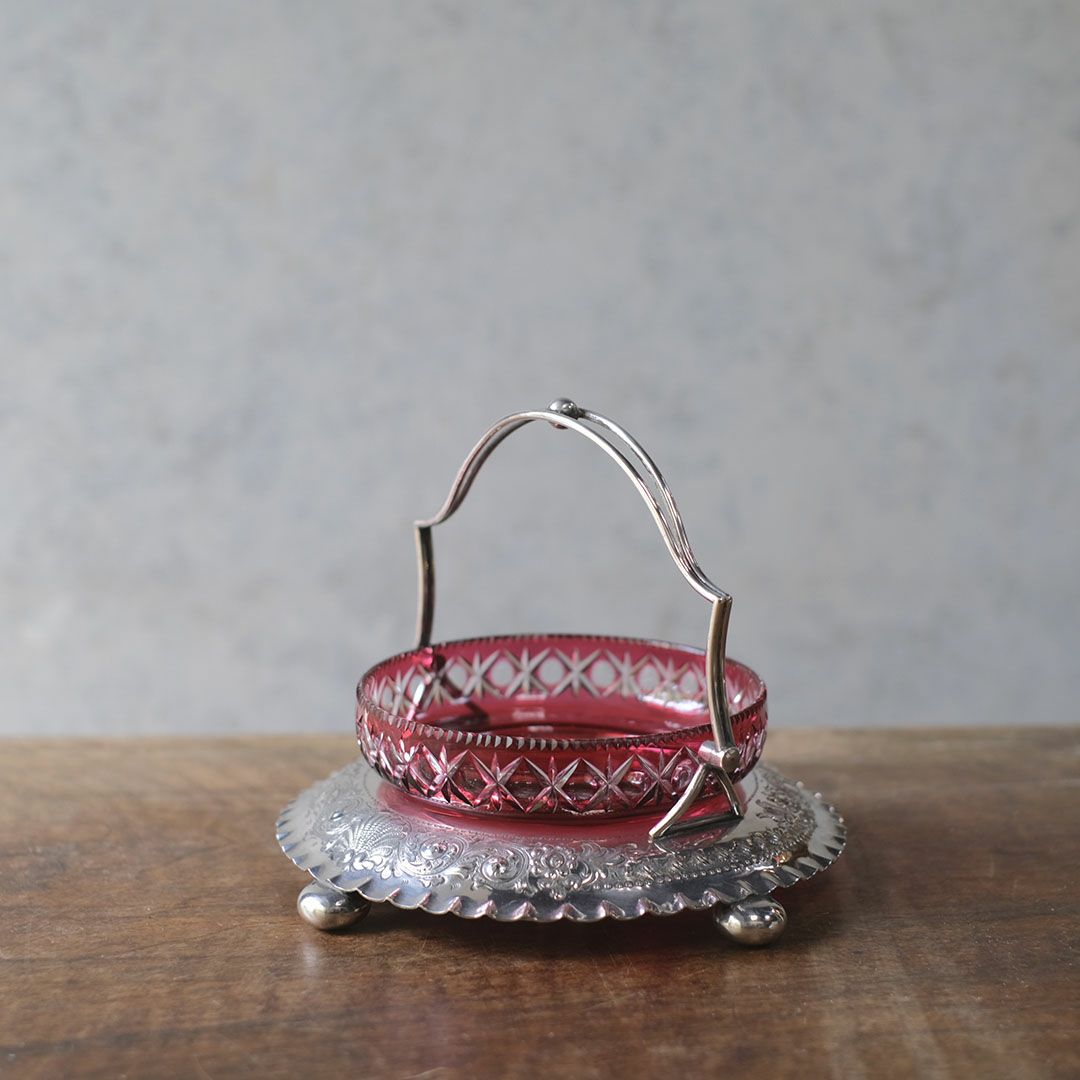 アンティークジャムディッシュ イギリス クランベリー 綺麗な赤いガラス器2