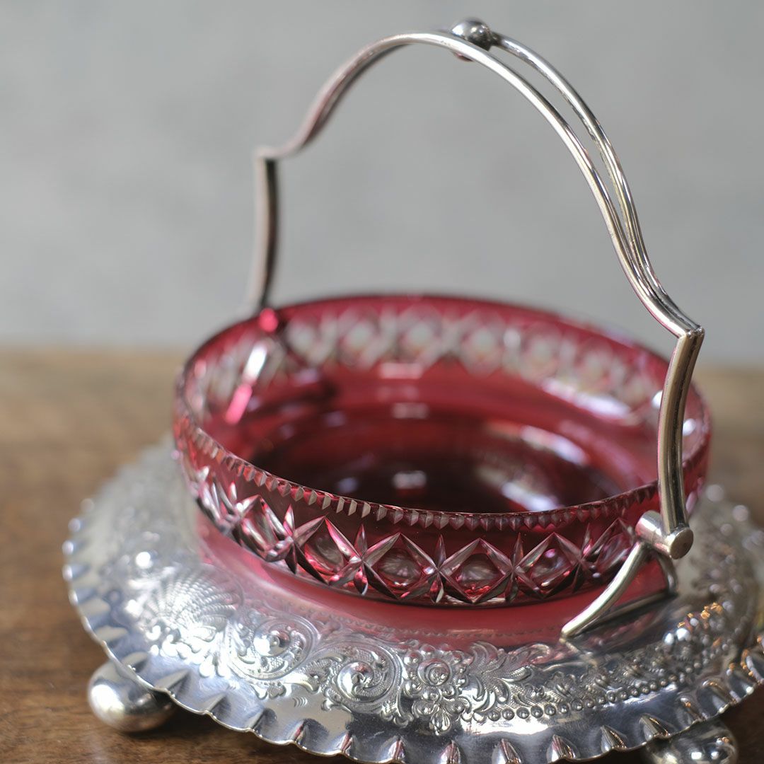 アンティークジャムディッシュ イギリス クランベリー 綺麗な赤いガラス器3