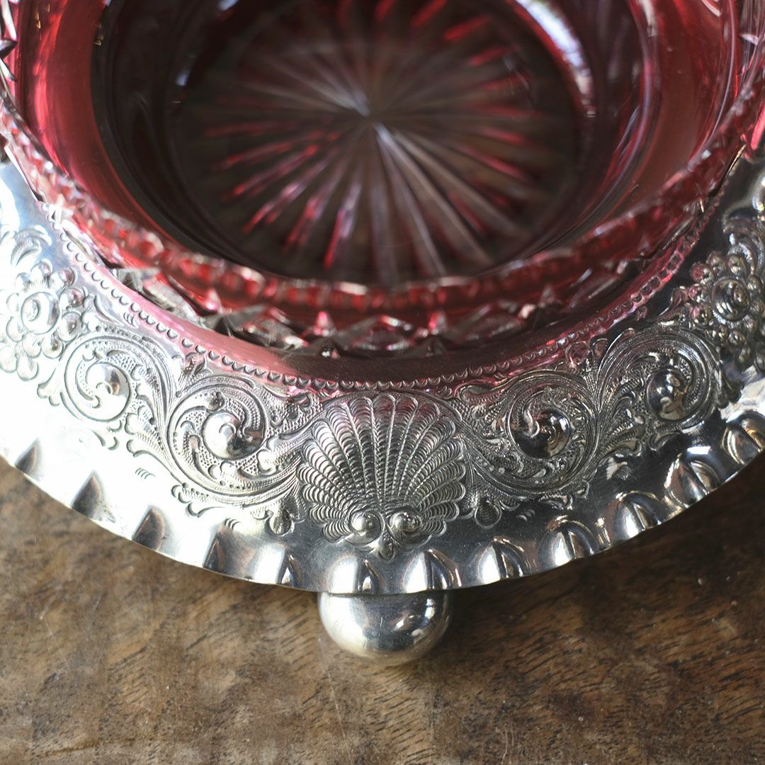 アンティークジャムディッシュ イギリス クランベリー 綺麗な赤いガラス器7