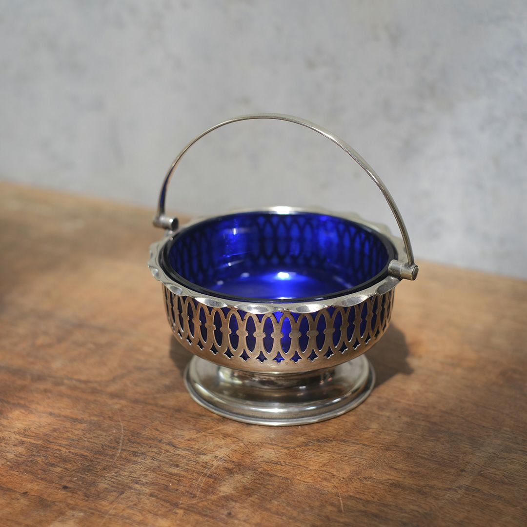 ヴィンテージシュガーバスケット ブルーグラス イギリス 銀メッキ2