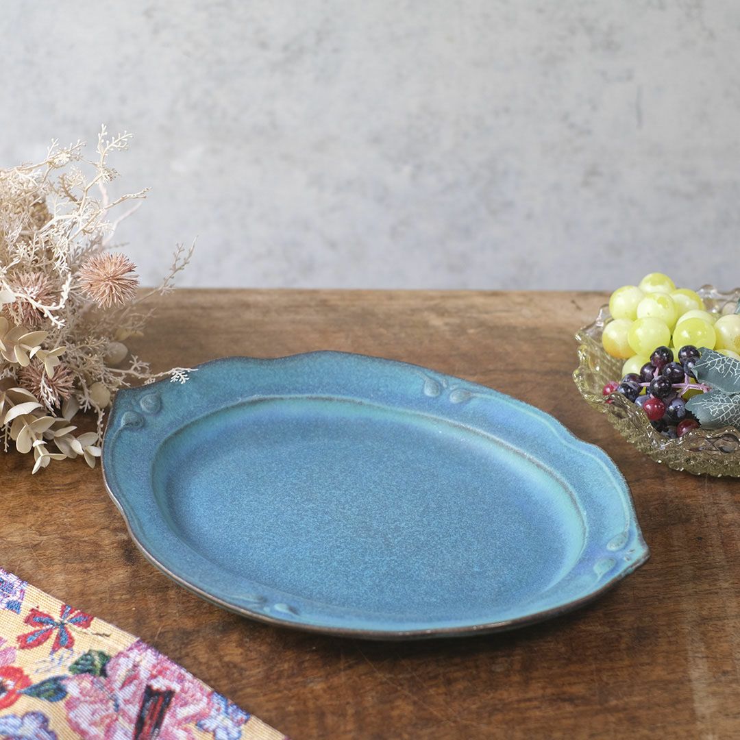 益子焼・カヌレオーバル皿L(29cm) ターコイズ 洋皿 パスタ皿 手作り わかさま陶芸 若林健吾