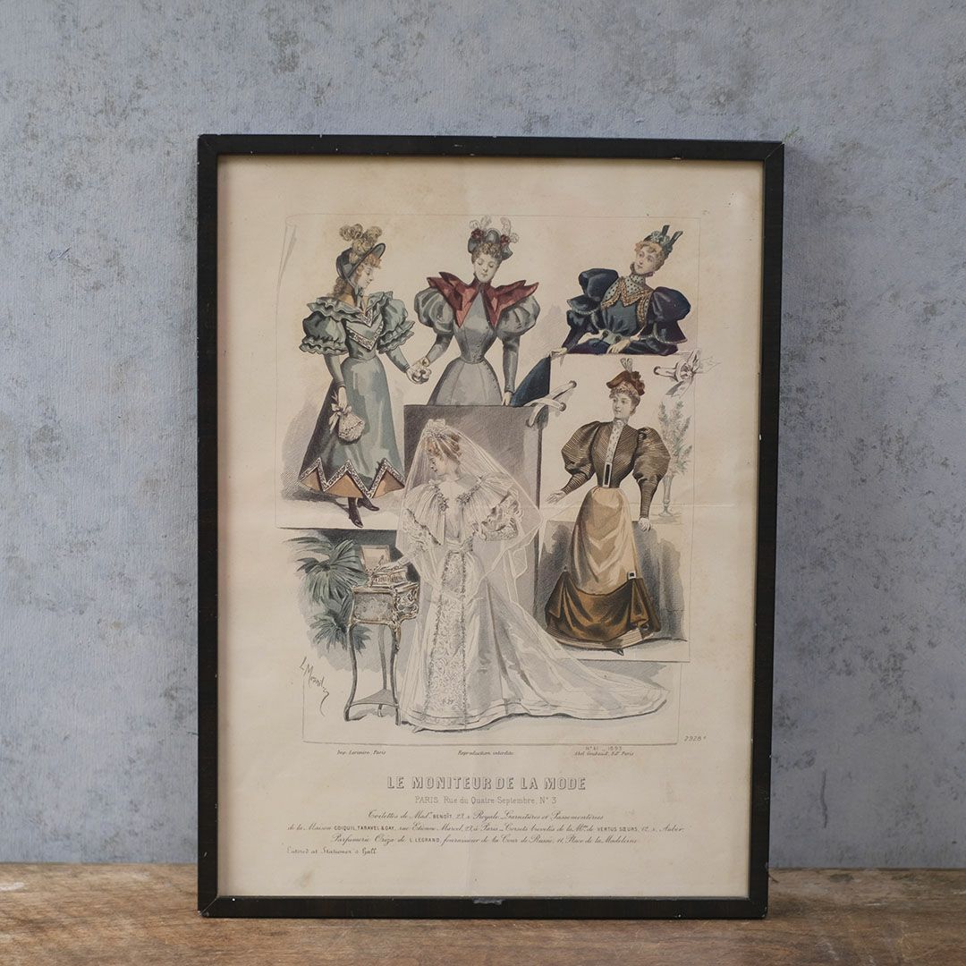 アンティーク リトグラフピクチャー ドレスを着た婦人 フランスのファッション画 石版画