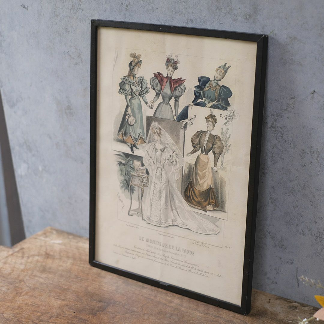 アンティーク リトグラフピクチャー ドレスを着た婦人 フランスのファッション画 石版画1