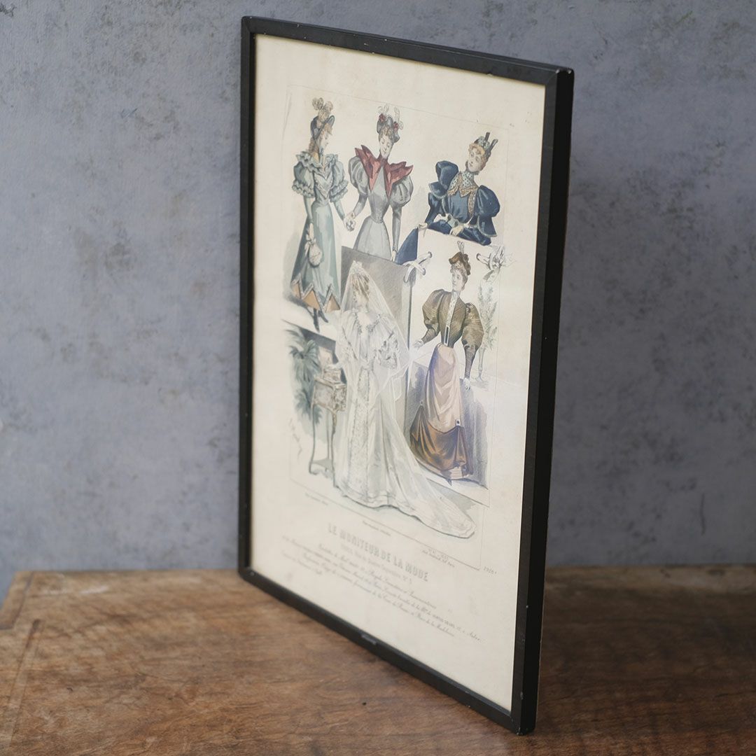 アンティーク リトグラフピクチャー ドレスを着た婦人 フランスのファッション画 石版画2