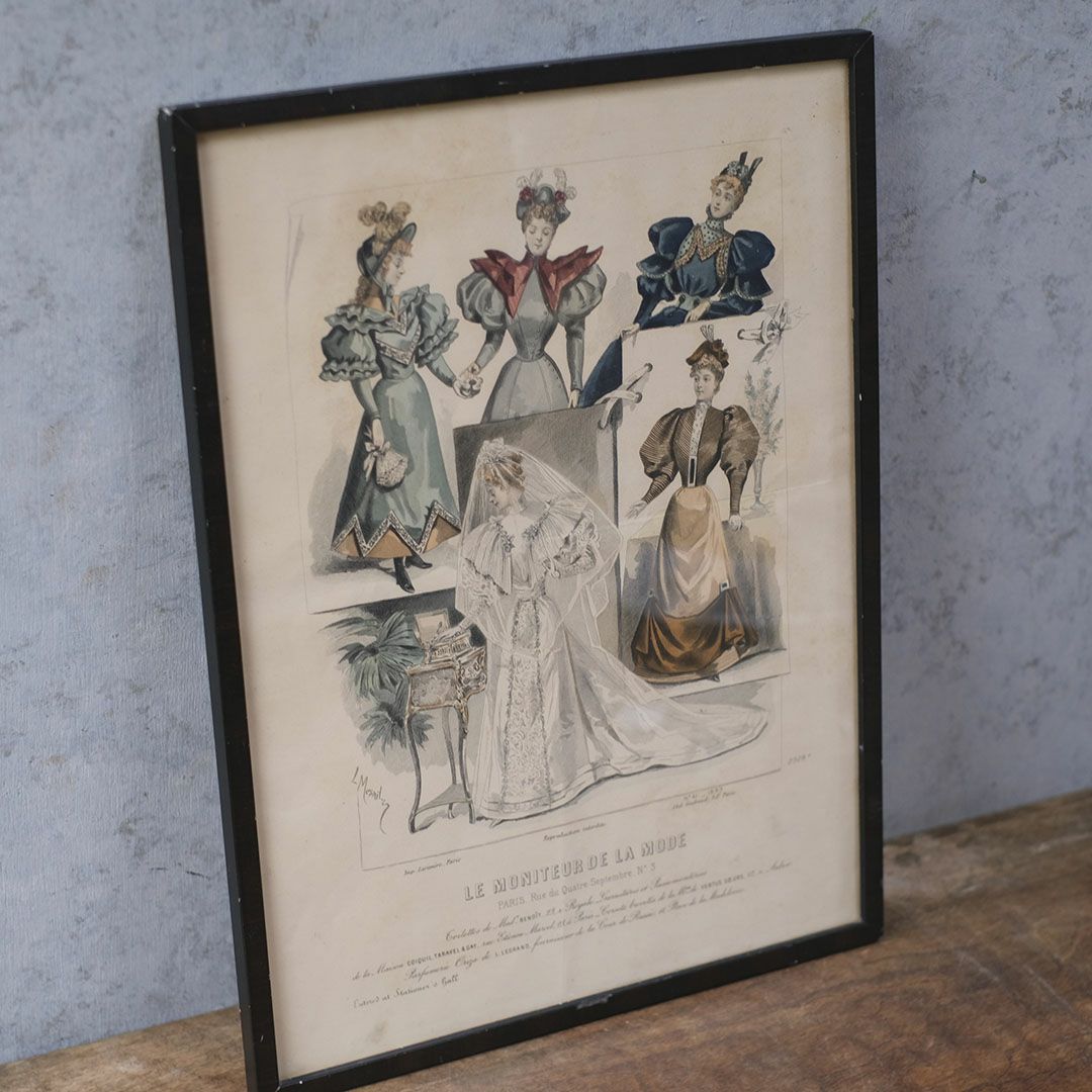 アンティーク リトグラフピクチャー ドレスを着た婦人 フランスのファッション画 石版画3