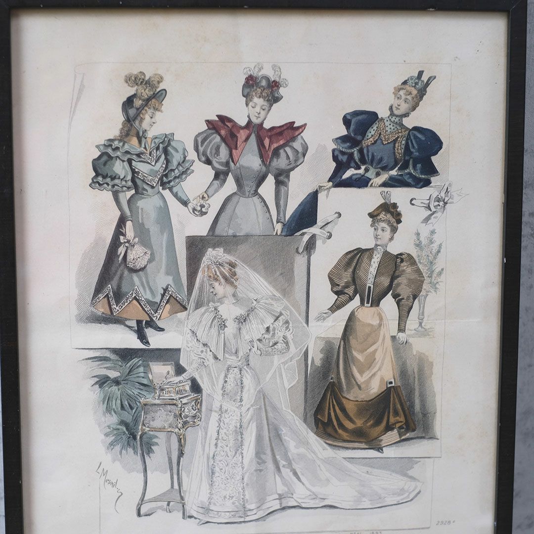 アンティーク リトグラフピクチャー ドレスを着た婦人 フランスのファッション画 石版画4