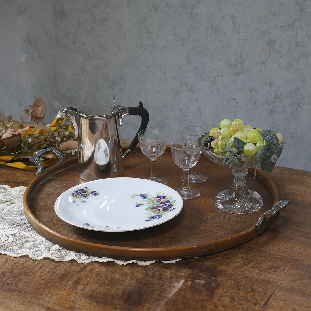 アンティークティートレイ ラウンド 木製 イギリス