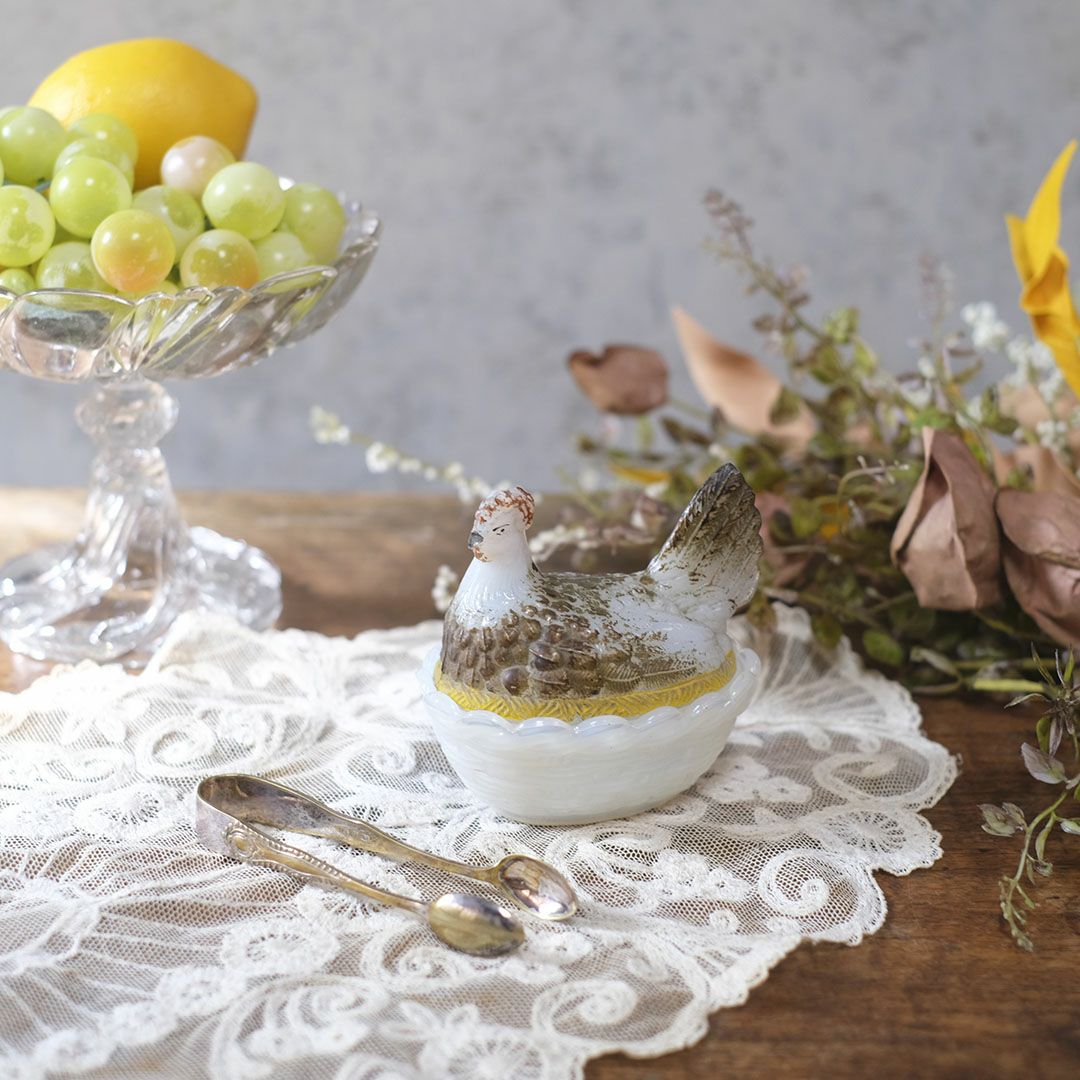 アンティーク小物入れ 鶏 フランス ガラス