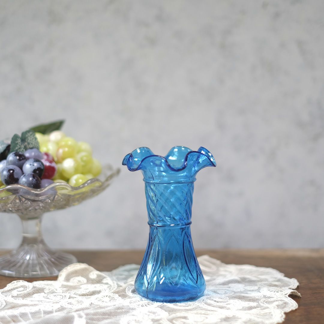 アンティークフラワーベース 花瓶 青 吹きガラス フランス