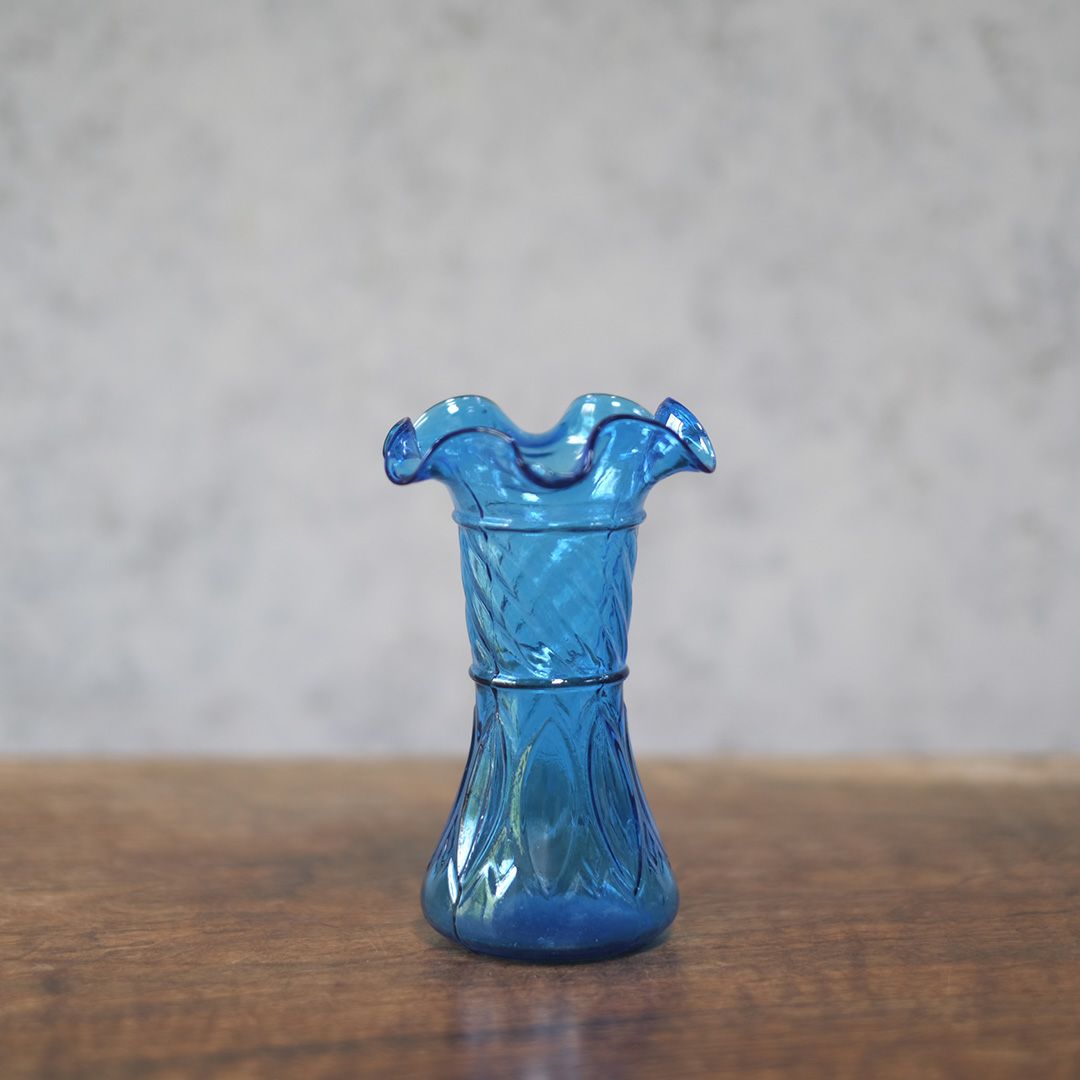 アンティークフラワーベース 花瓶 青 吹きガラス フランス1