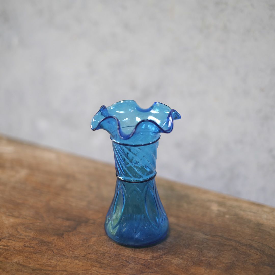 アンティークフラワーベース 花瓶 青 吹きガラス フランス2