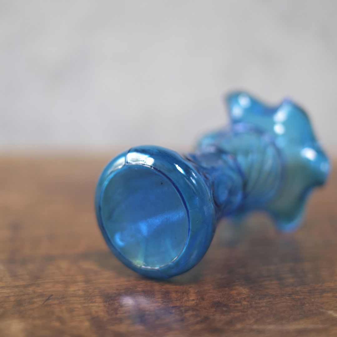 アンティークフラワーベース 花瓶 青 吹きガラス フランス5