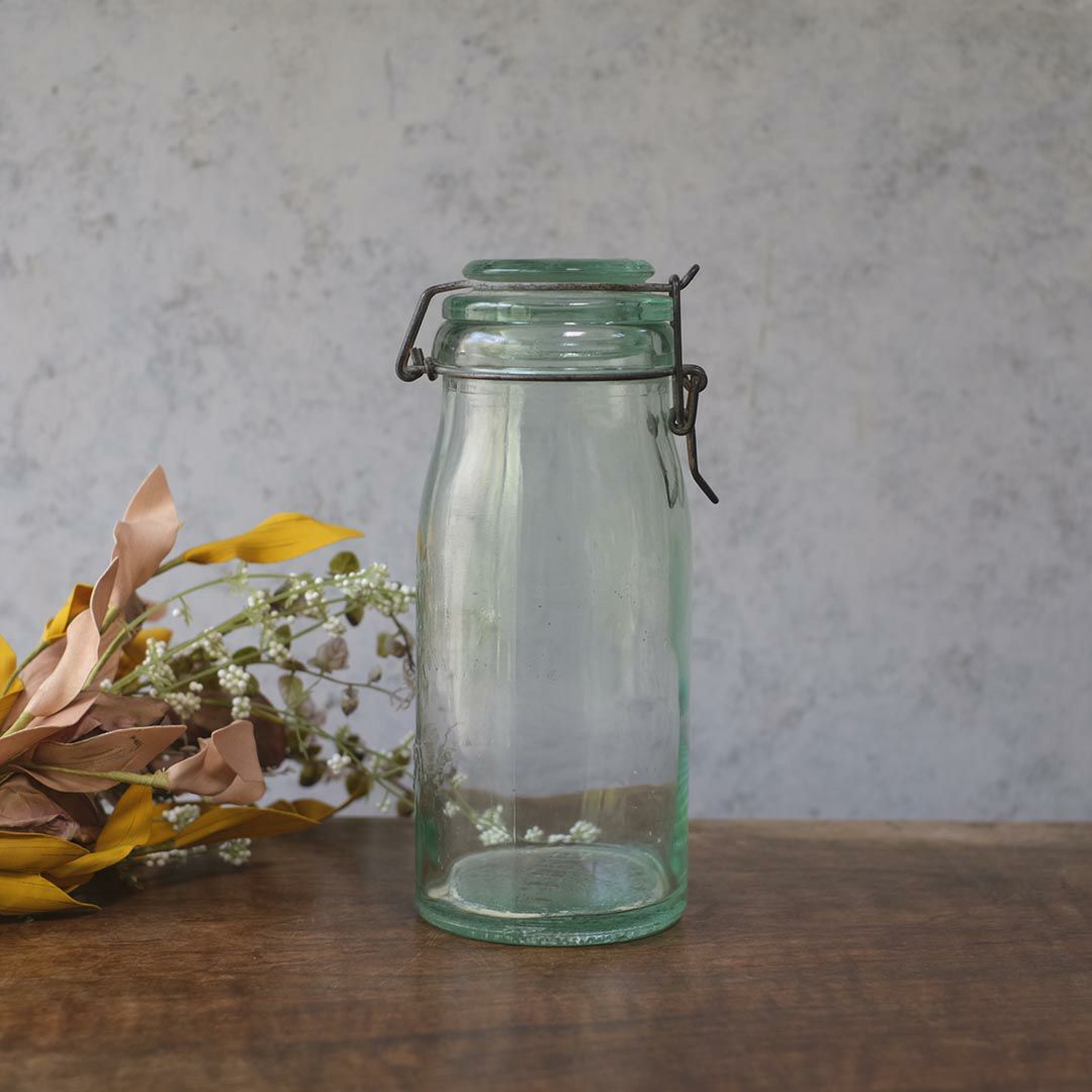 アンティーク La Lorraine(ラ・ロレーヌ)キャニングジャー 保存ビン フランス 淡い緑色の蓋付きガラスジャー