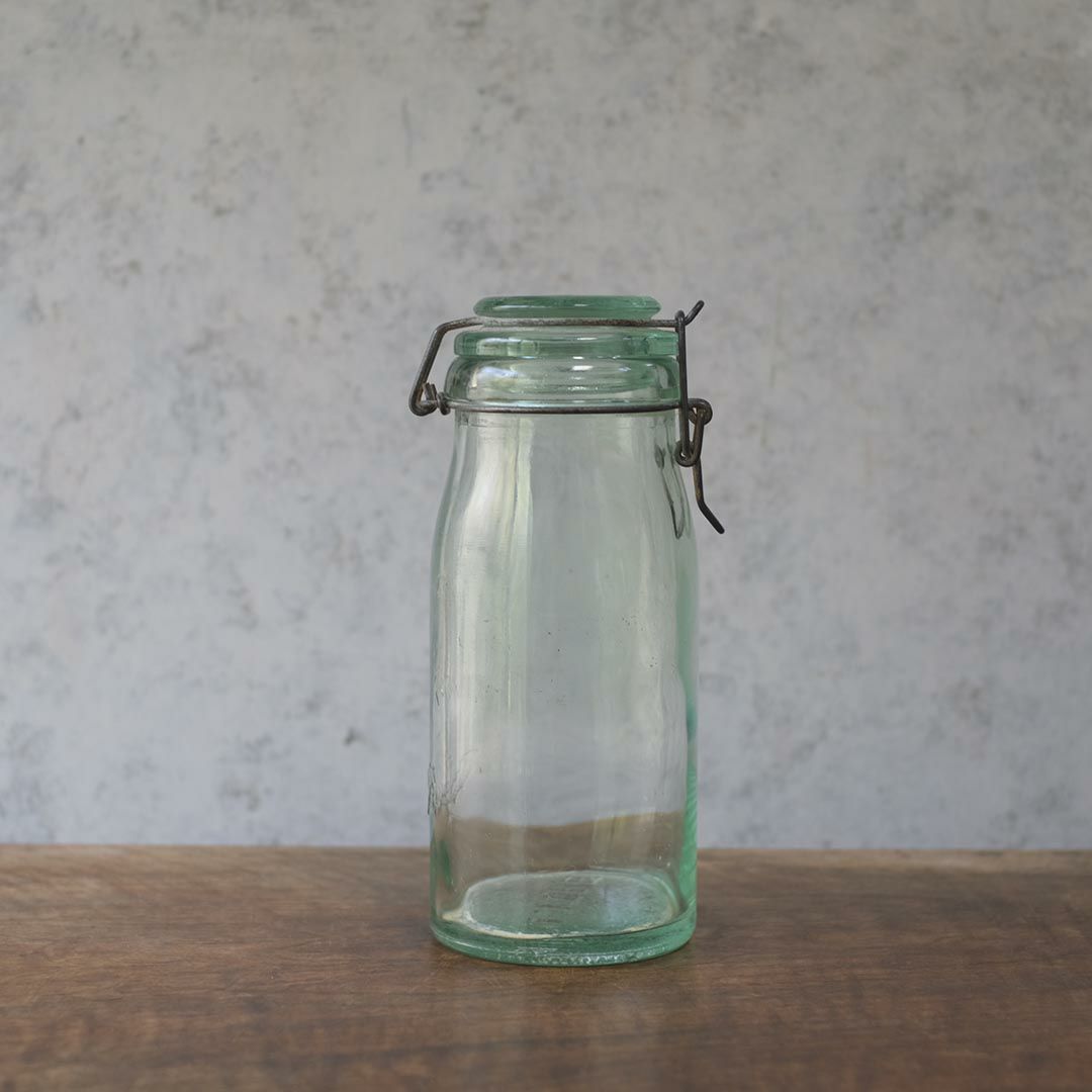 アンティーク La Lorraine(ラ・ロレーヌ)キャニングジャー 保存ビン フランス 淡い緑色の蓋付きガラスジャー1