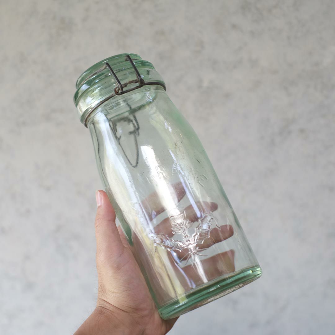 アンティーク La Lorraine(ラ・ロレーヌ)キャニングジャー 保存ビン フランス 淡い緑色の蓋付きガラスジャー4