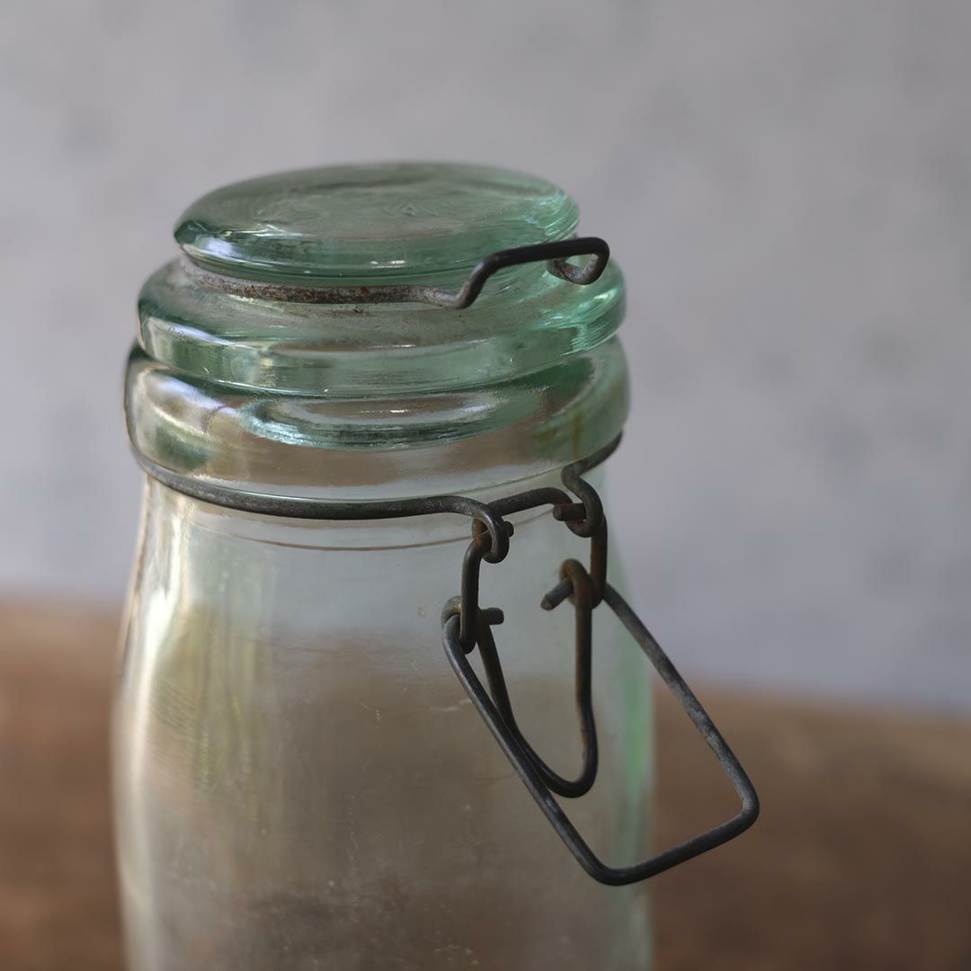 アンティーク La Lorraine(ラ・ロレーヌ)キャニングジャー 保存ビン フランス 淡い緑色の蓋付きガラスジャー6