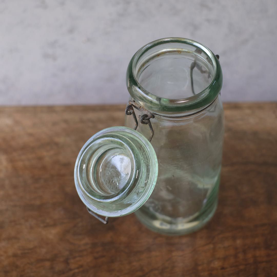 アンティーク La Lorraine(ラ・ロレーヌ)キャニングジャー 保存ビン フランス 淡い緑色の蓋付きガラスジャー7