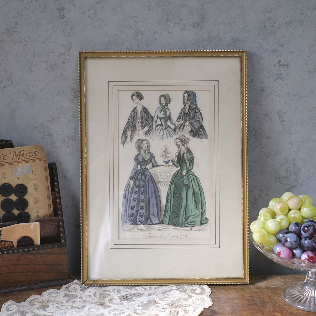 アンティークリトグラフピクチャー ドレスを着た婦人 フランスのファッション画 石版画　絵