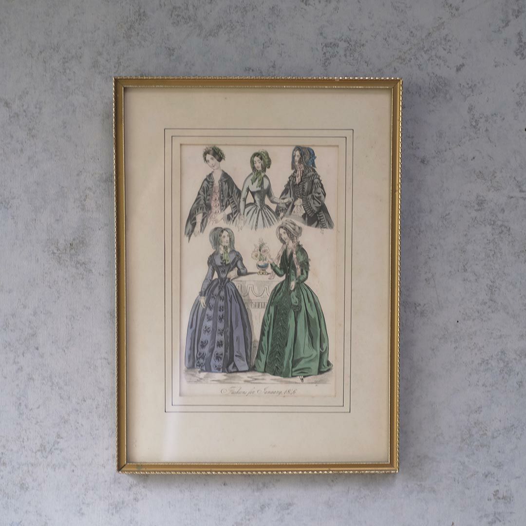 アンティークリトグラフピクチャー ドレスを着た婦人 フランスのファッション画 石版画　絵1