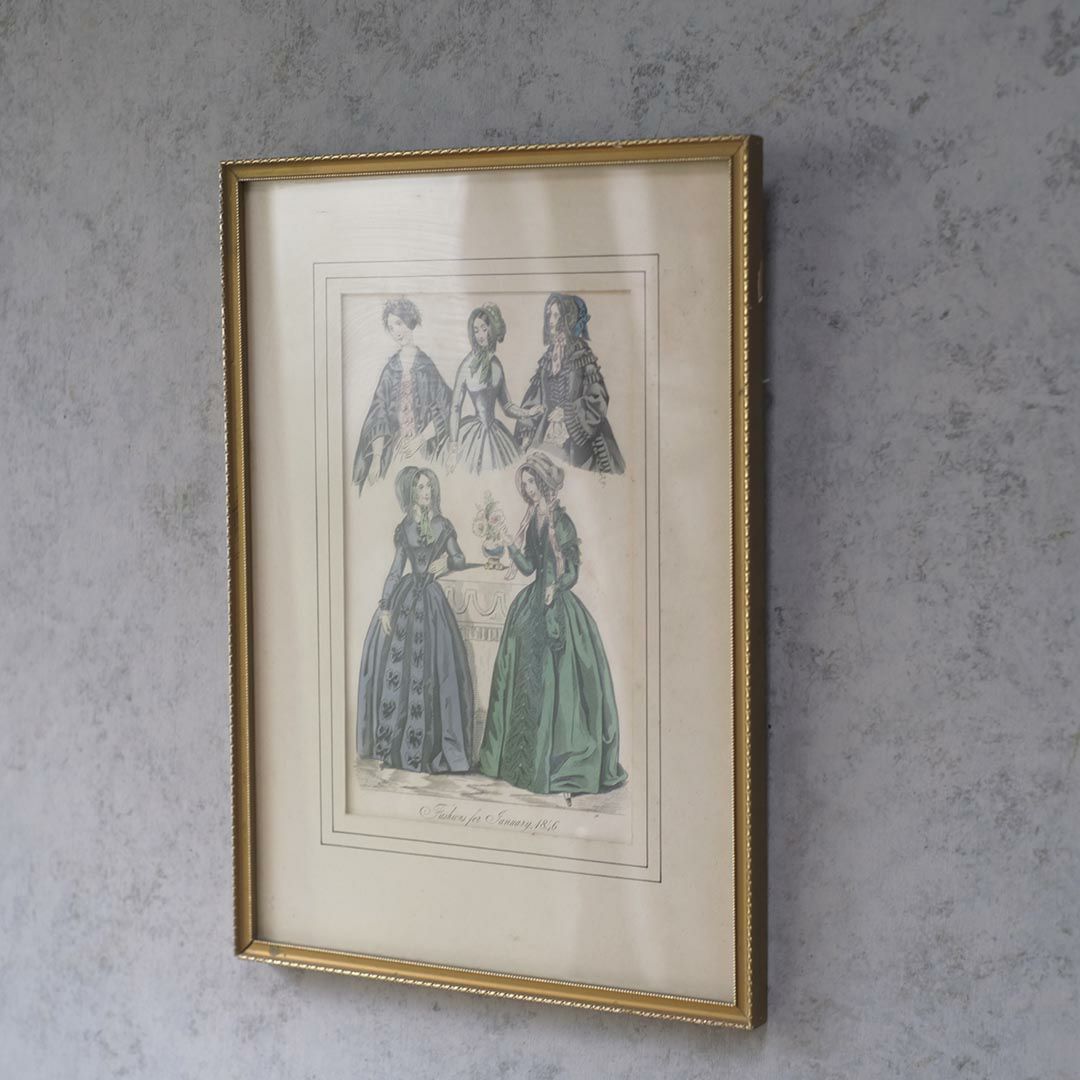 アンティークリトグラフピクチャー ドレスを着た婦人 フランスのファッション画 石版画　絵2