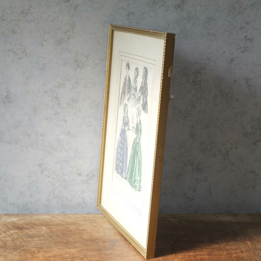 アンティークリトグラフピクチャー ドレスを着た婦人 フランスのファッション画 石版画　絵3