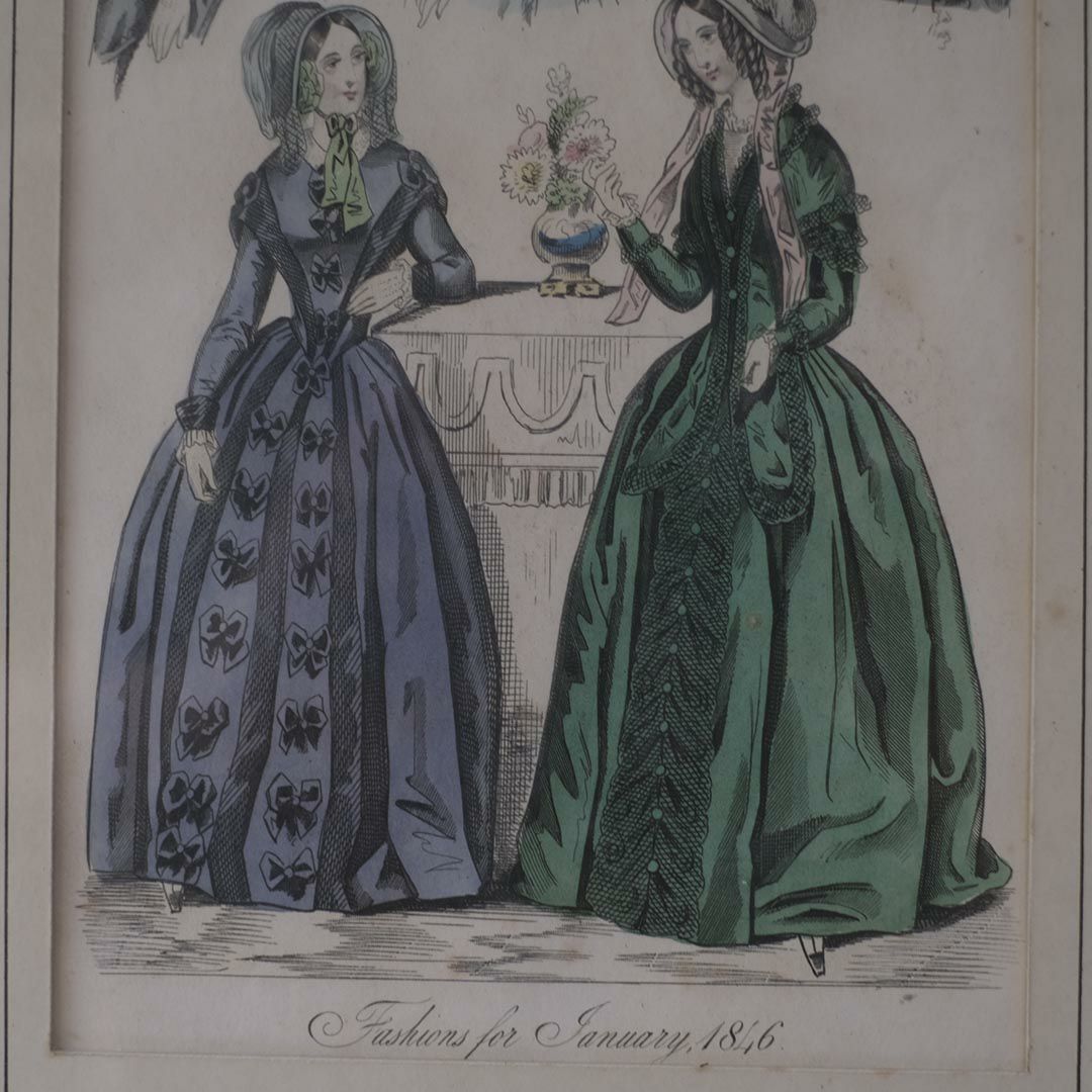 アンティークリトグラフピクチャー ドレスを着た婦人 フランスのファッション画 石版画　絵4