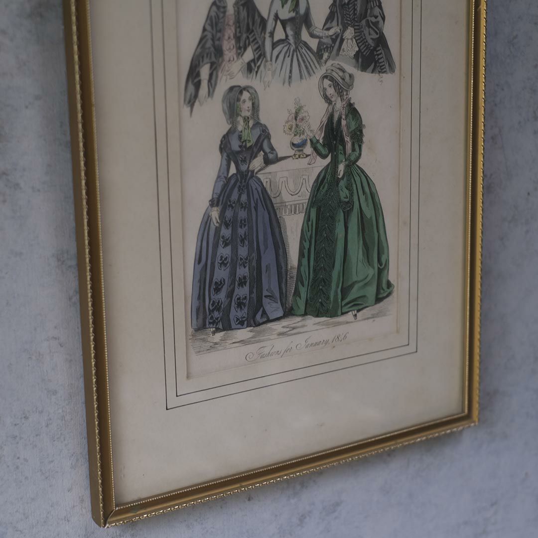 アンティークリトグラフピクチャー ドレスを着た婦人 フランスのファッション画 石版画　絵5