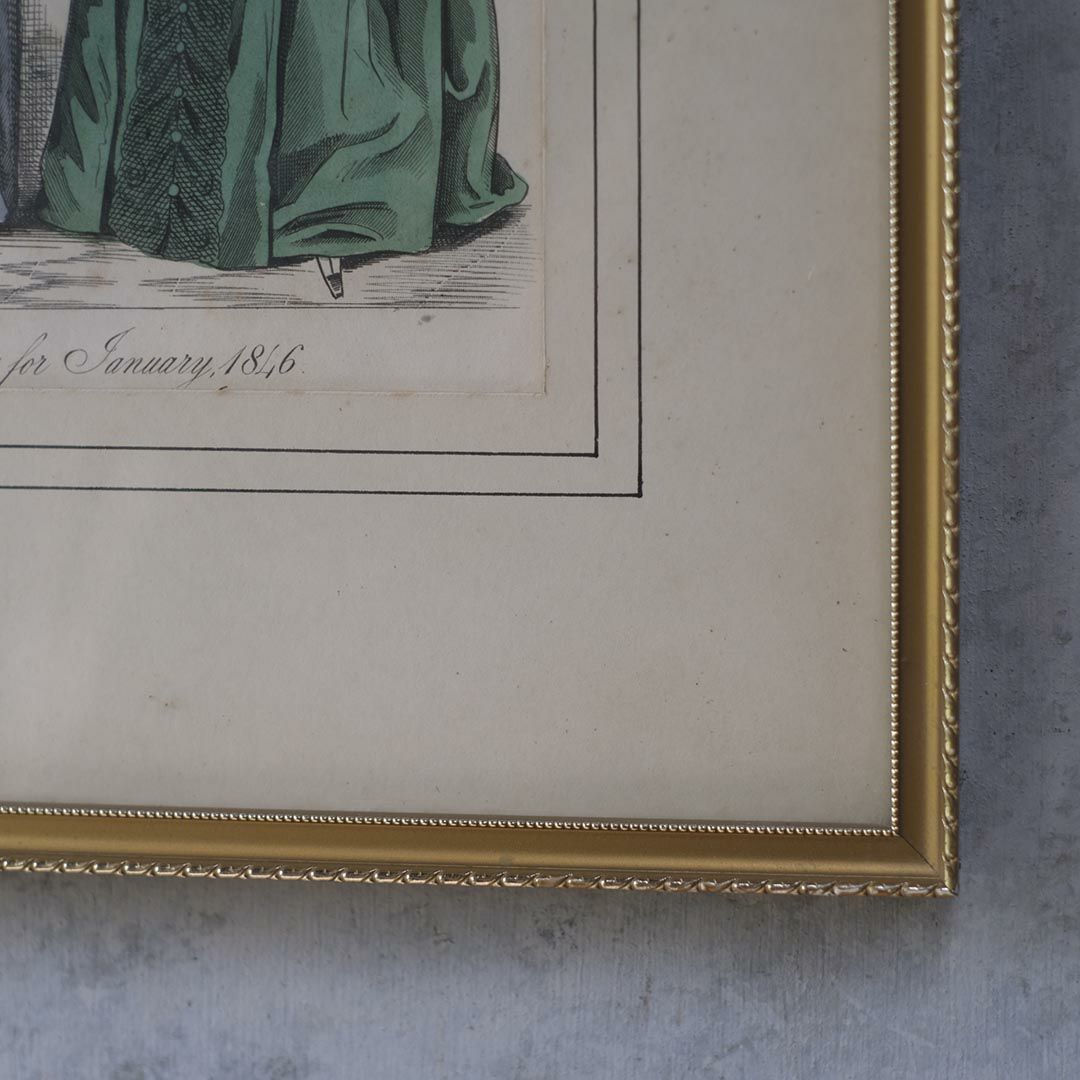 アンティークリトグラフピクチャー ドレスを着た婦人 フランスのファッション画 石版画　絵7