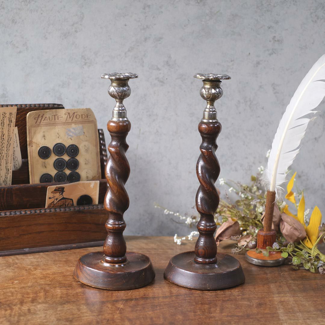 アンティークキャンドルスティックペア オーク イギリス 燭台 オブジェ