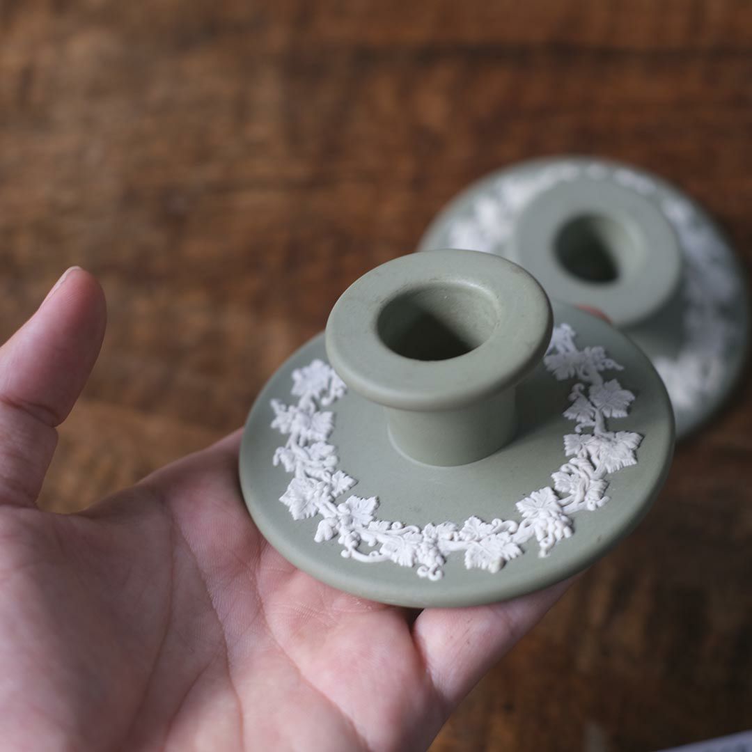 ィンテージ WEDGWOODジャスパー プレート ウェッジウッド イギリス 珍しい緑色 キャンドルスタンド3