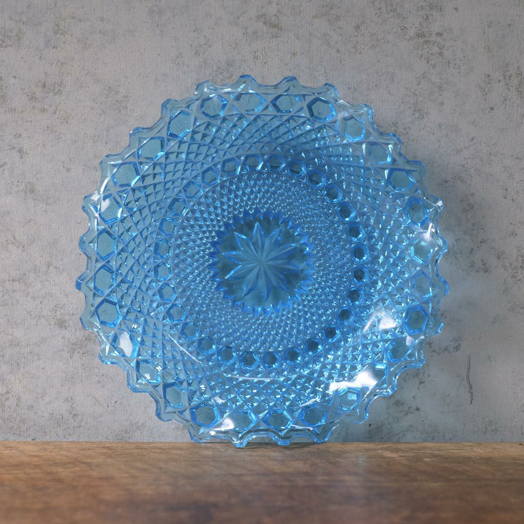 アンティーク ガラスコンポート ブルー色鮮やかなイギリスのガラストレイ3