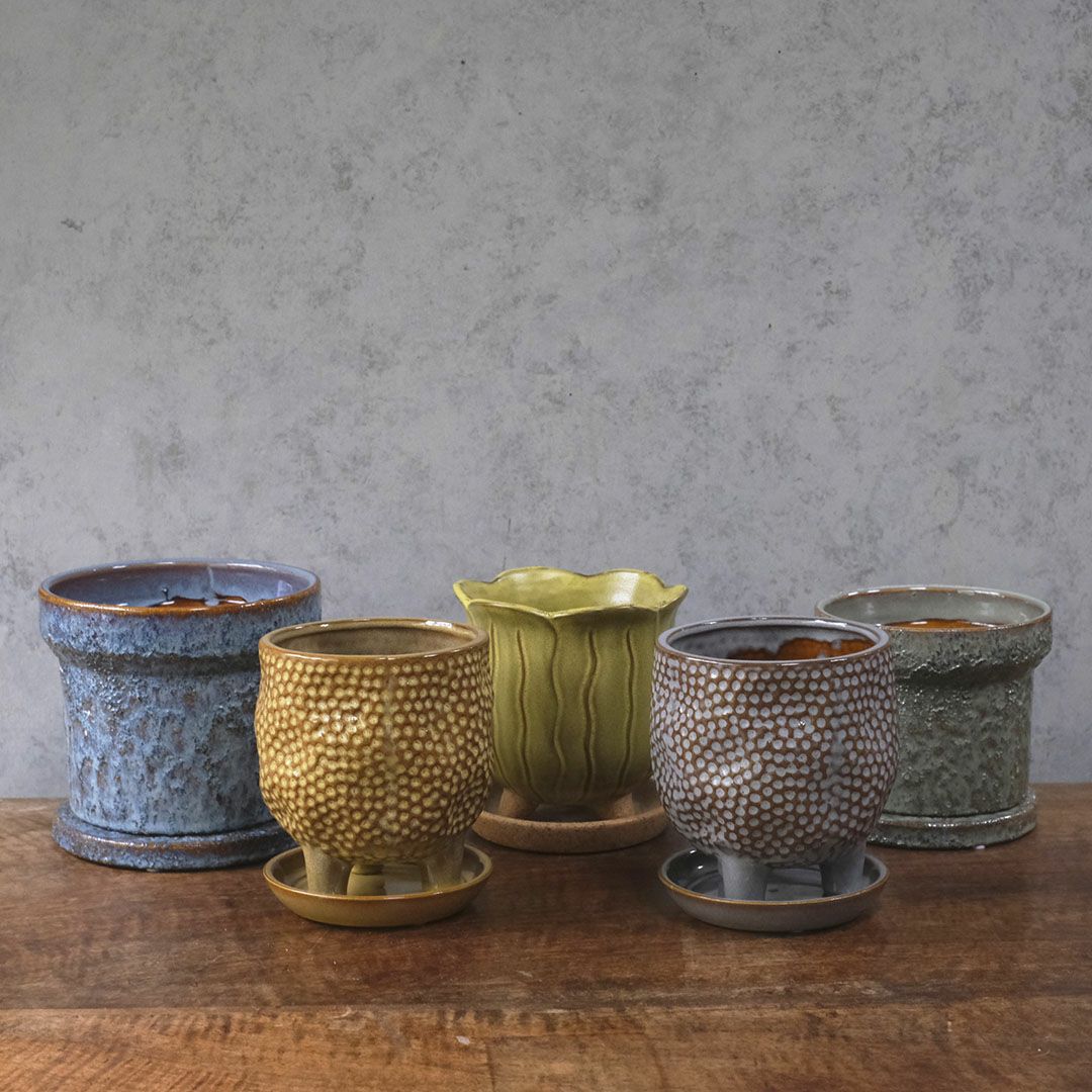 童話の鉢植えシリーズ 陶器のプランター&受け皿セット 青L