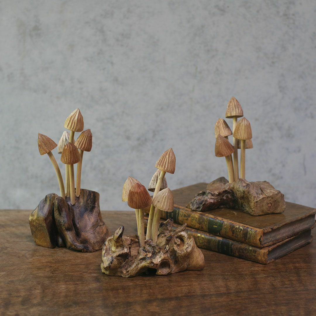 流木と木彫りの森のキノコオブジェ アンティーク洋書の上に飾った例